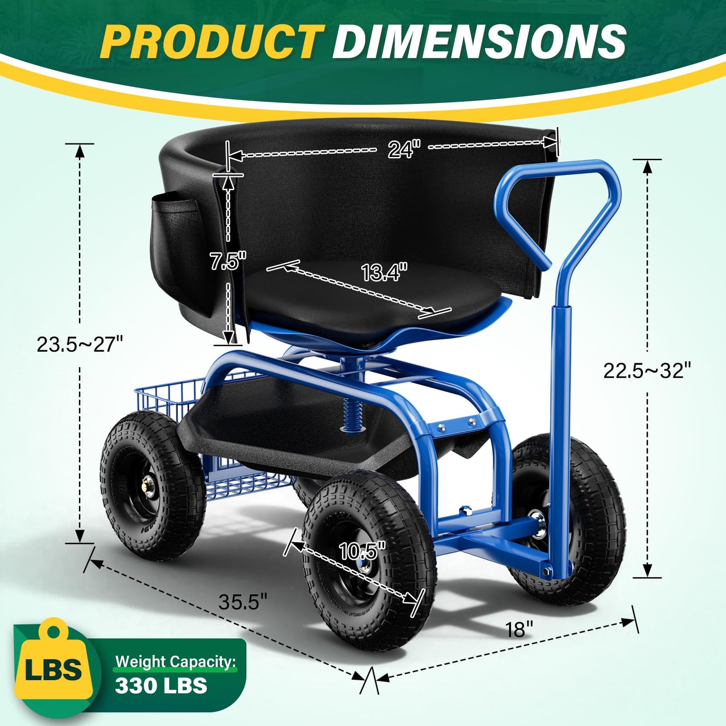 Baotree Garden Seat with Wheels, Rolling Garden Stool with Adjustable 360°Swivel Seat, Storage Basket & Extendable Handle, Outdoor Gardening Scooter, Garden Cart Workseat Stools for Seniors