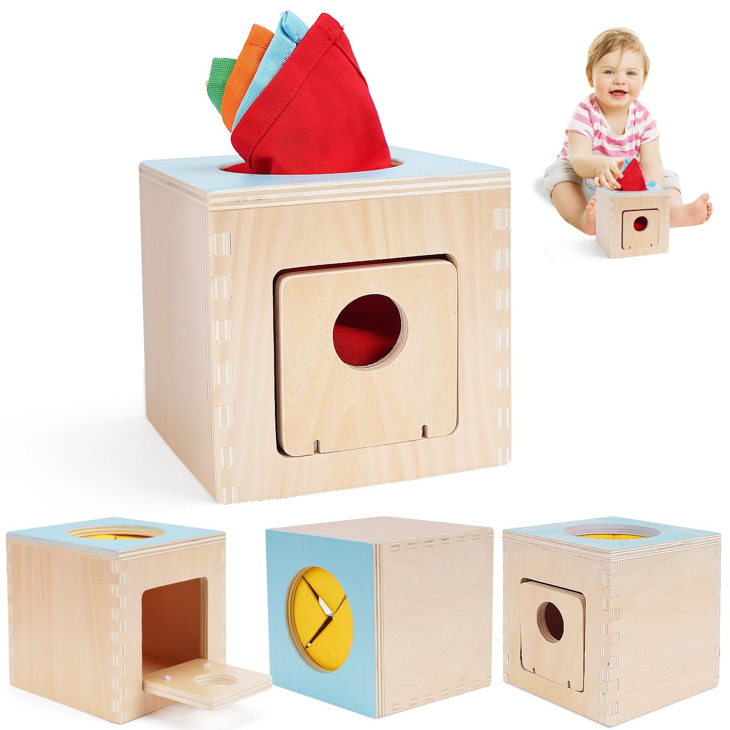 FCSONU Kids Toddler Toys, Montessori Baby Toys 0-6-12 Months, 1 Year Old Wooden Baby Tissue Box Toy for Educational Learning with Cloth Tissues, Boys & Girls Gifts for Birthday Christmas Children Day