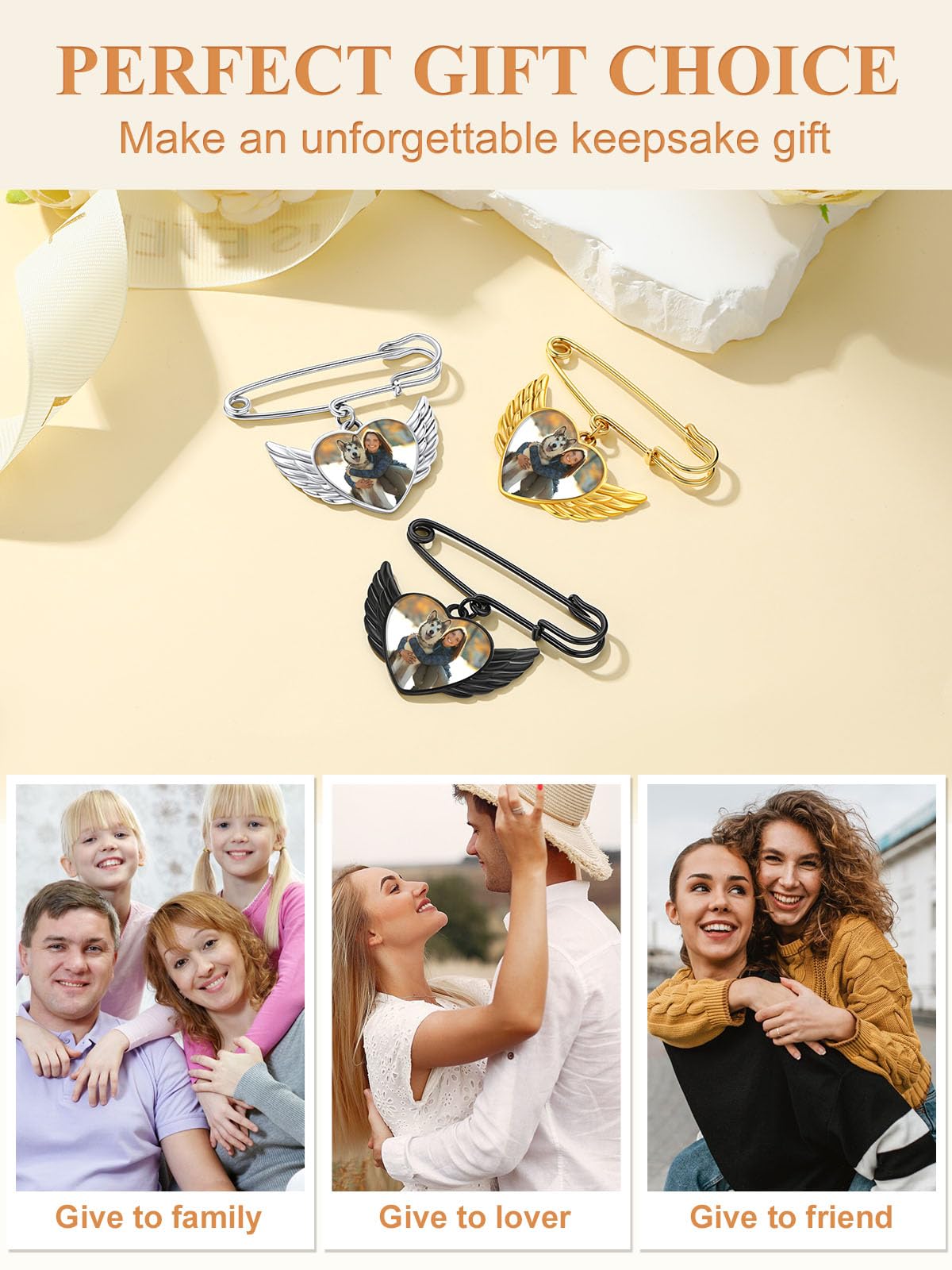 Custom4U Memorial Picture Brooch Pins Wedding Bouquets Charm for Bridal with Silver Angel Wings