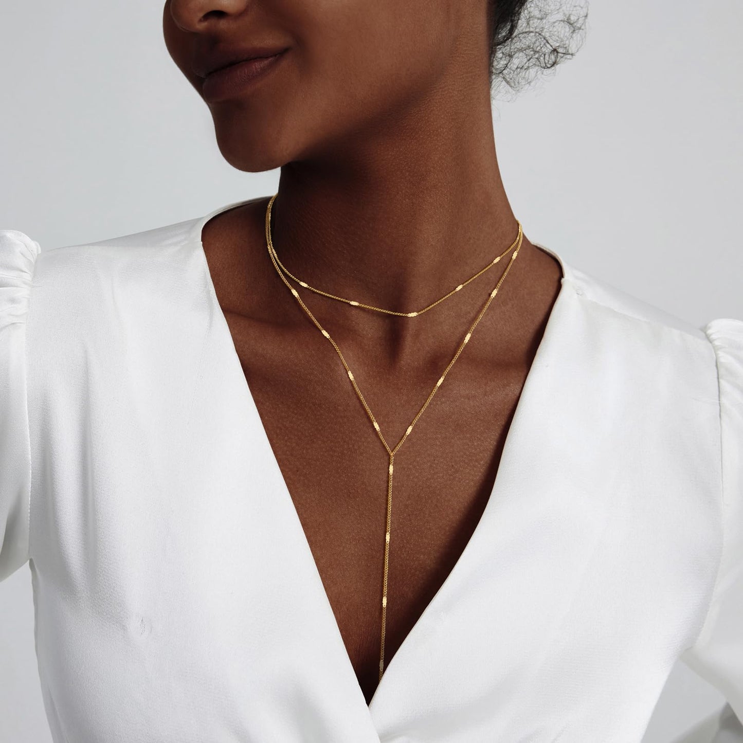 HERIER Layered Gold Necklace for Women Dainty 14K Gold Plated Long Necklace Y-Shaped Drop Chain Necklaces Trendy Simple Jewelry for Women Gifts