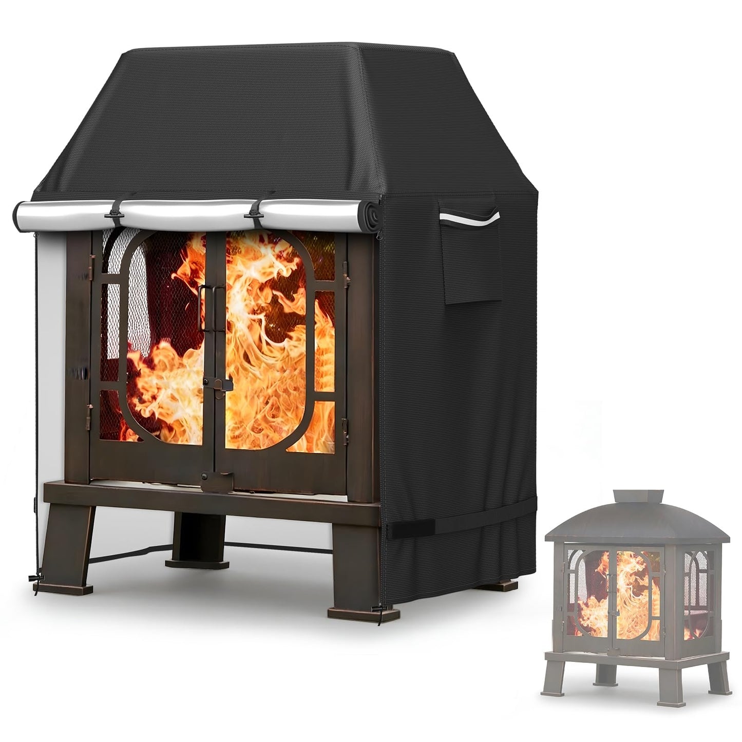 COSHNIBI Outdoor Fireplace Cover,Heavy Duty Waterproof Square Chimineas Fireplace Covers,Cover for Panovue Chiminea Fire Pits,32”L x 24”W x 45”H,Black
