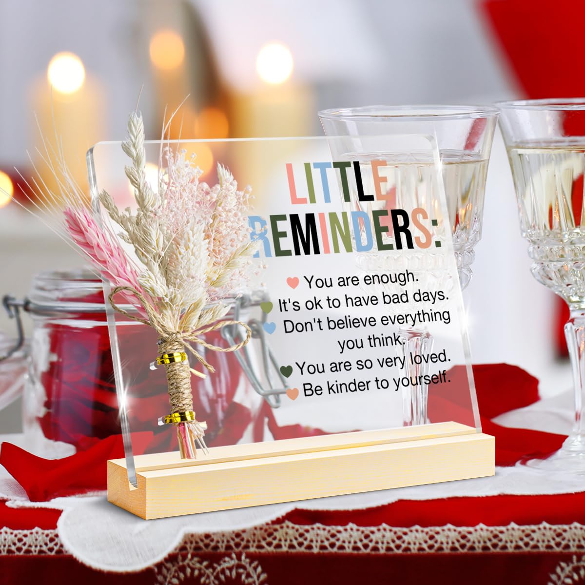 Inspirational Motivational Gifts Little Reminders You are Enough Clear Desk Decorative Sign, Bouquet Acrylic Sign With Wooden Stand for Office Desk Table Shelf