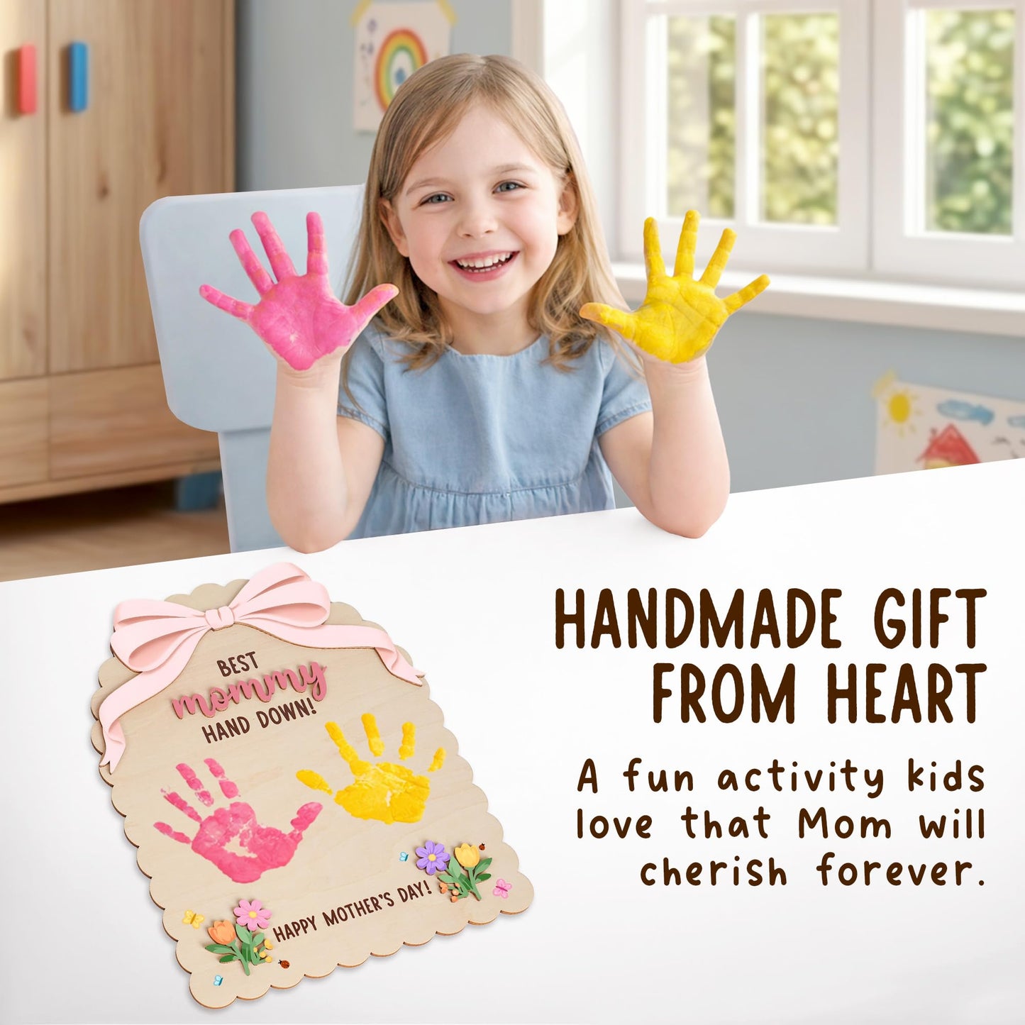 HYPERI DIY Mothers Day Crafts for Kids Handprint Art, Handprints Wooden Rose Flower Bouquet, Mothers Day Gifts for Mom from Kids, for Grandma from Grandkids, Mothers Day Keepsake Craft (Best Mom)