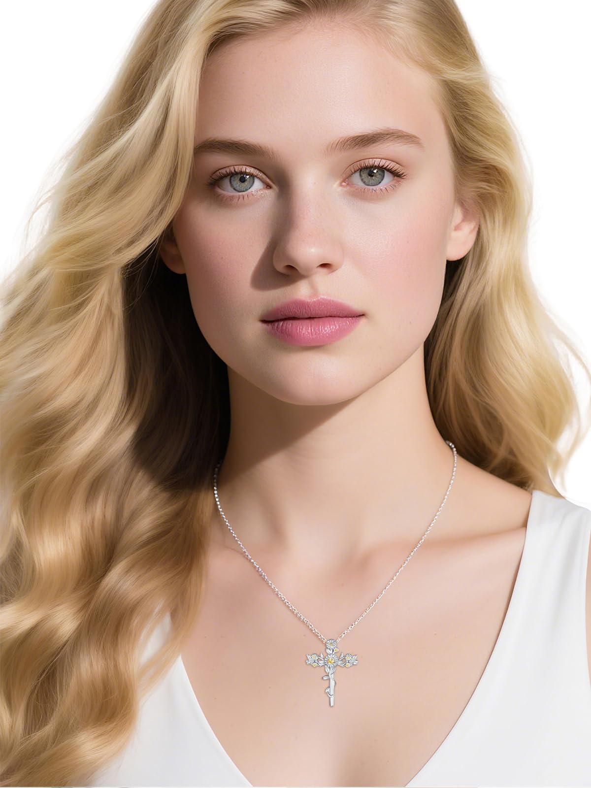 Zhi Kexin Daisy Cross Necklace for Women 925 Sterling Silver Daisys Pendant Jewelry Anniversary Mothers Day Birthday Gifts for Daisies Lovers