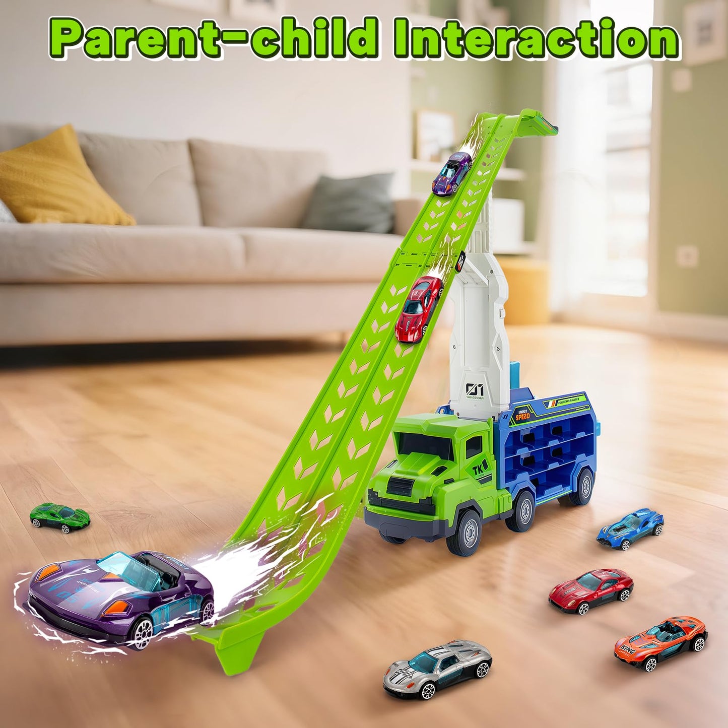 Kids Toys for 3 4 5 6 7 8 Years Old Boys, Carrier Truck Transport Car Toys, Foldable 2 Layer Car Race Track Playset with 25-in Race Track, 6 Metal Toy Cars, Birthday Toy Gift for Toddler Boys Girls