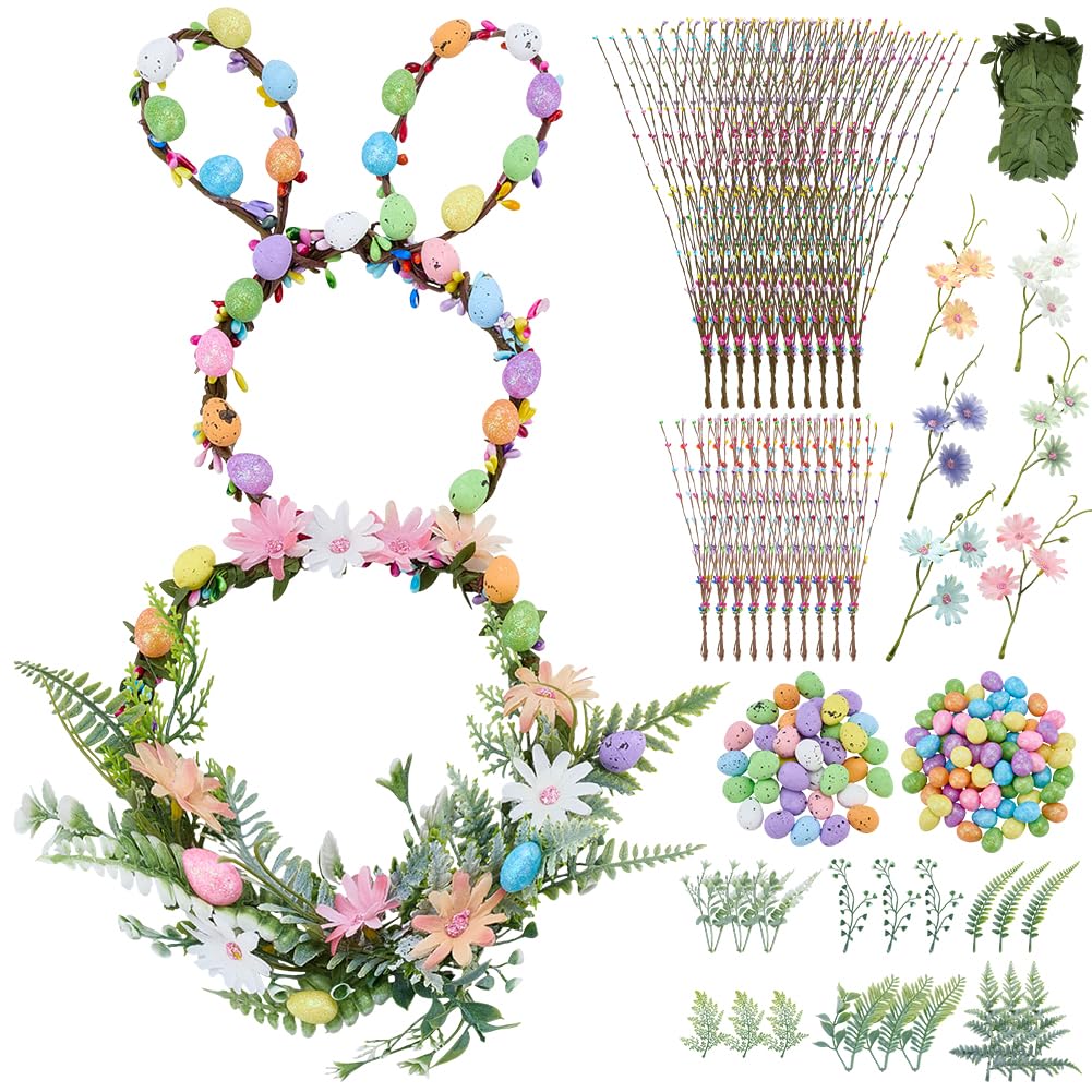 INFUNLY 20 Sets Rabbit Flower Crowns Making Kit 24 Inches Bunny Grapevine Wreath Kits DIY Festival Front Door Wreath with Pastel Eggs Hanging Floral Wreaths for Home Window Wall Holiday Party Decor