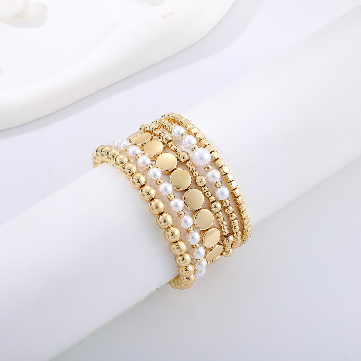Sajidos Gold Plated Beaded Bracelets for Women Trendy, 14K Gold Plated Stack Cross Pearl Gold Plated Bead Stretch Bracelets Set Elastic Hypoallergenic Bracelets Jewelry Gifts (style12-2)