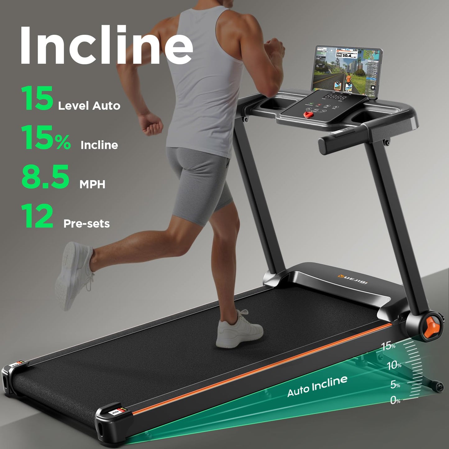 YUEJIQI Treadmill with 0-15% Auto Incline, 3.5HP Quiet Brushless Foldable Treadmills for Home, Small Space Portable Running Walking Machine, 300 Lbs Capacity with Bluetooth APP & Pulse Monitor