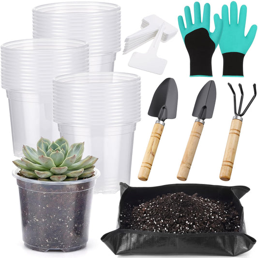 Yiyiring 83 Pcs Garden Supplies Tools Kit, 4 Inch Clear Plastic Plant Pots with Transplanting Mat, Trowel Cultivator Rake Set, Label & Glove, Succulent Tools Gift for Plant Lovers Accessory