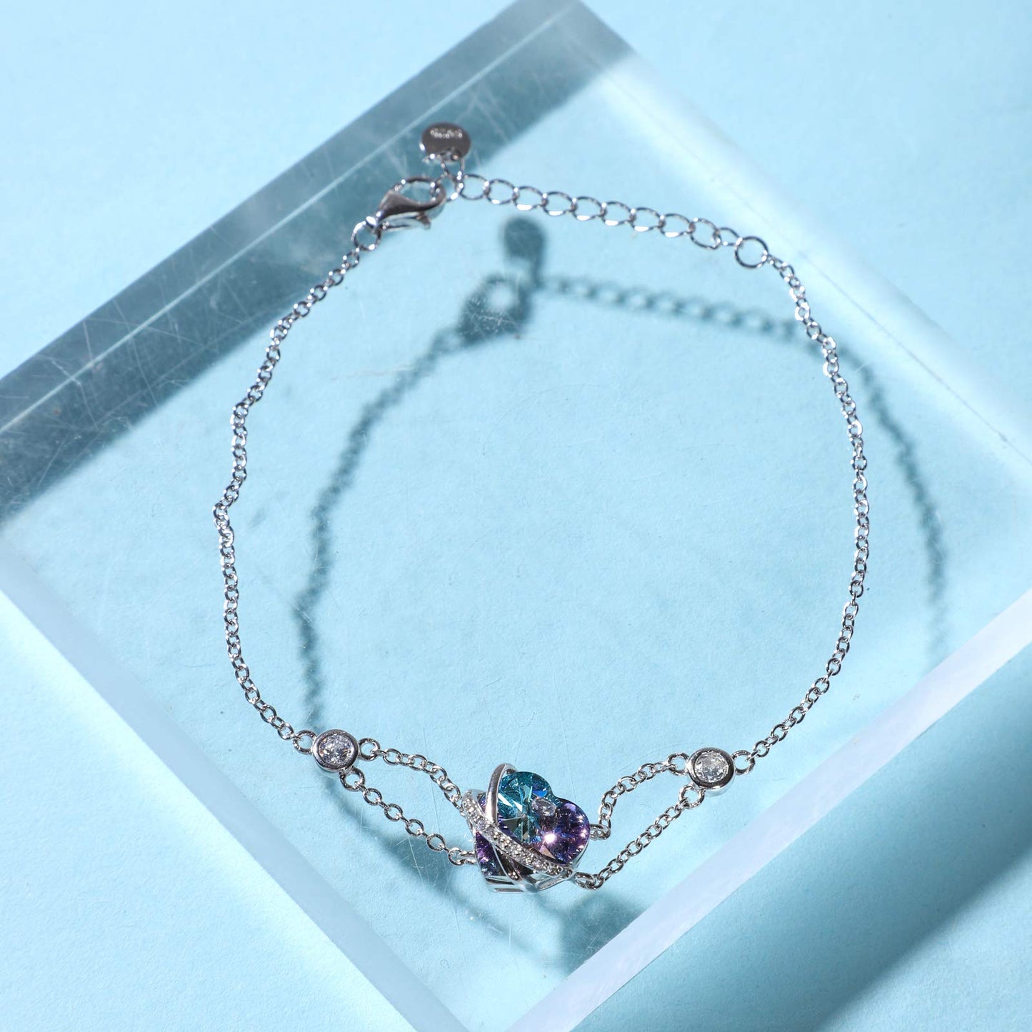 AOBOCO I Love You Jewelry - Sterling Silver Blue Purple Love Heart Bangle Bracelet Embellished with Crystals from Austria, Fine Anniversary Birthday Jewelry Gifts for Women (03 Blue Purple Bracelet)