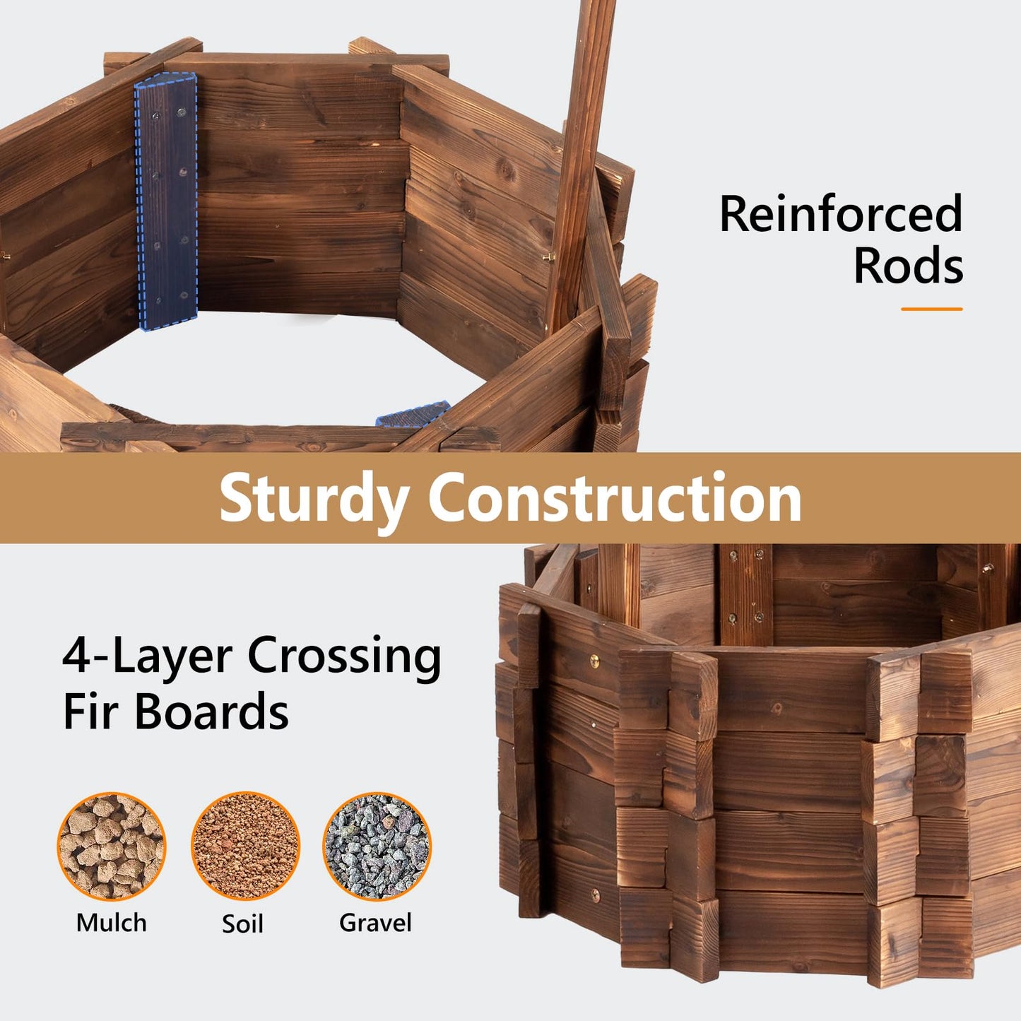 VINGLI Wooden Wishing Well Outdoor Planters, Well Covers for Yard with 2 Reinforced Rods, Height Adjustable Hanging Bucket, Rustic Flower Pot Home Decor for Outside Patio Garden