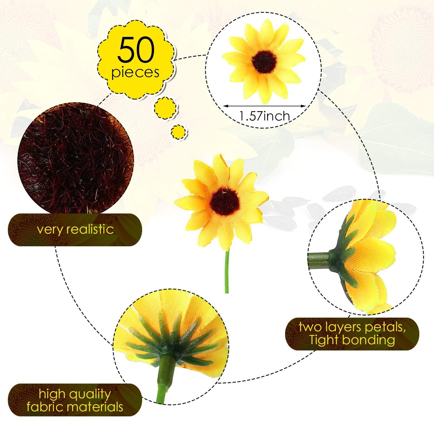 Wavwavw 50 Pcs 1.57 Inch Mini Artificial Sunflower Heads with Iron Stems for Home Party Decoration Wedding Decor, Bride Holding Flowers Centerpieces Wreath Garden DIY Art Decor Crafts