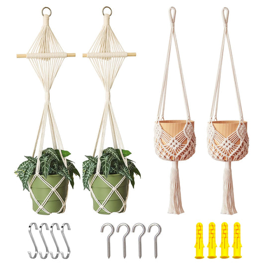 XINBOR 4 Pack Macrame Plant Hangers Indoor Up to 10 inch Pot, Boho Hanging Planters, Plant Holder with 8Pcs Stainless Steel Hooks