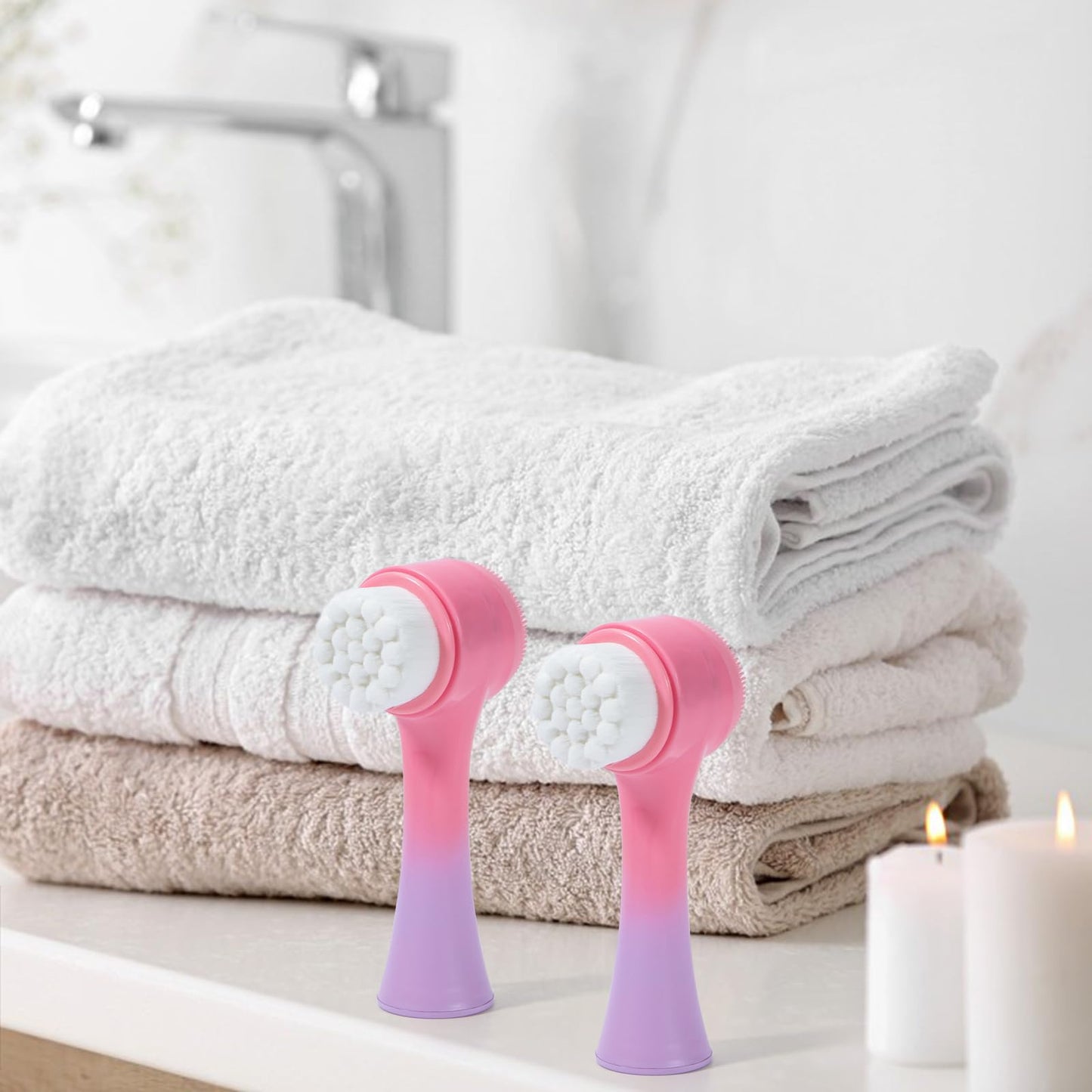 Beomeen Face Brush 2 in 1, Silicone Facial Cleansing Exfoliating Brush Soft Bristles Pore Deep Cleansing Manual Dual Face Wash Scrub Brush For Massaging, Makeup Skincare Removal, Gradient Pink