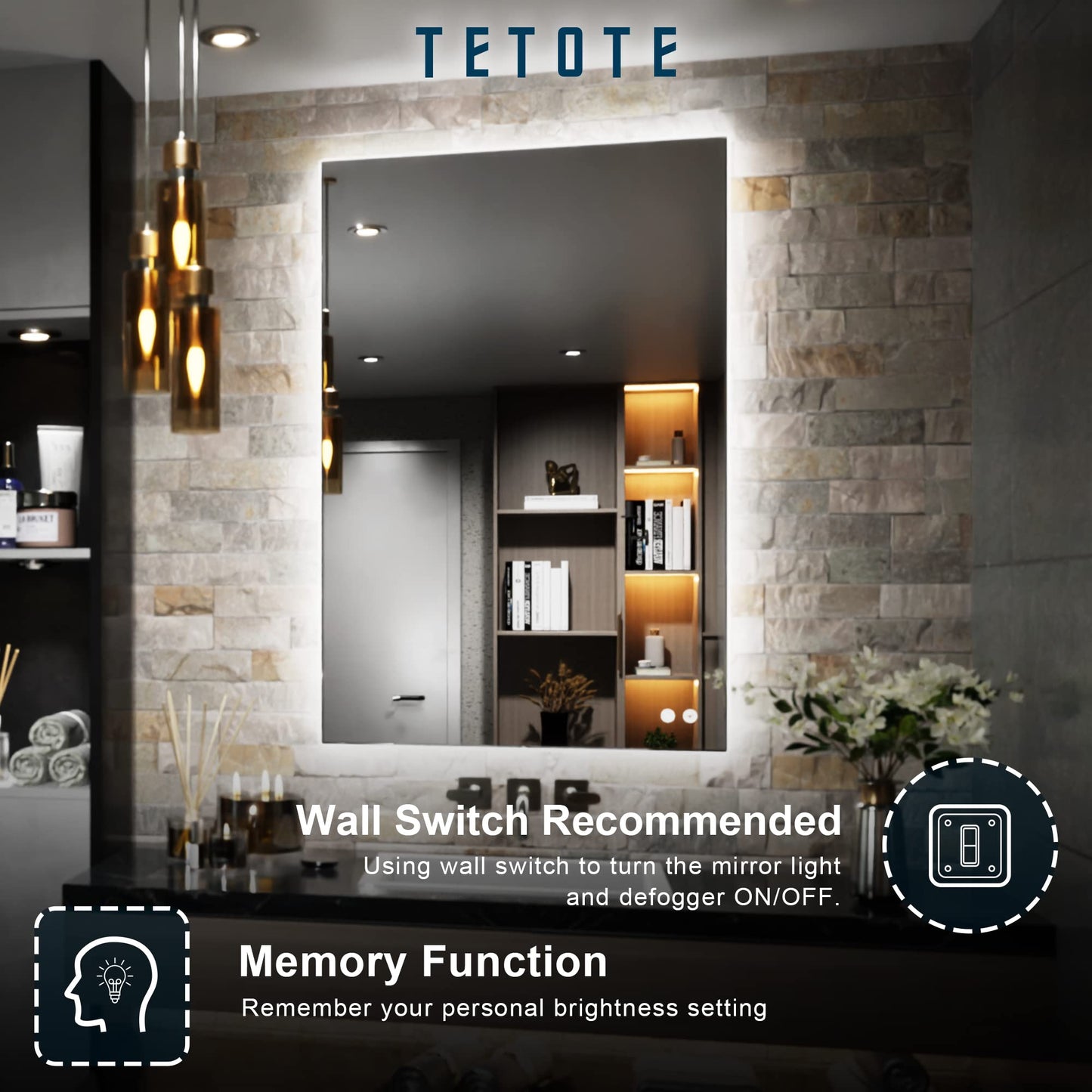 TETOTE 24 x 36 Inch LED Mirror Backlit Bathroom,Anti-Fog Mirror with Light,Dimmable,CRI90+,IP54 Water Proof,Wall Mounted Vanity Lighted,Horizontal/Vertical