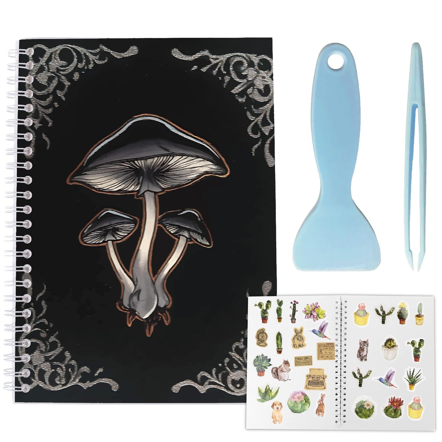CRASPIRE 40 Pages Reusable Sticker Storage Book Black Mushroom Album Blank Stickers Organizer Notebook Release Paper A5 Size with Tweezer Spatula for DIY Christmas Graduation Birthday Gifts