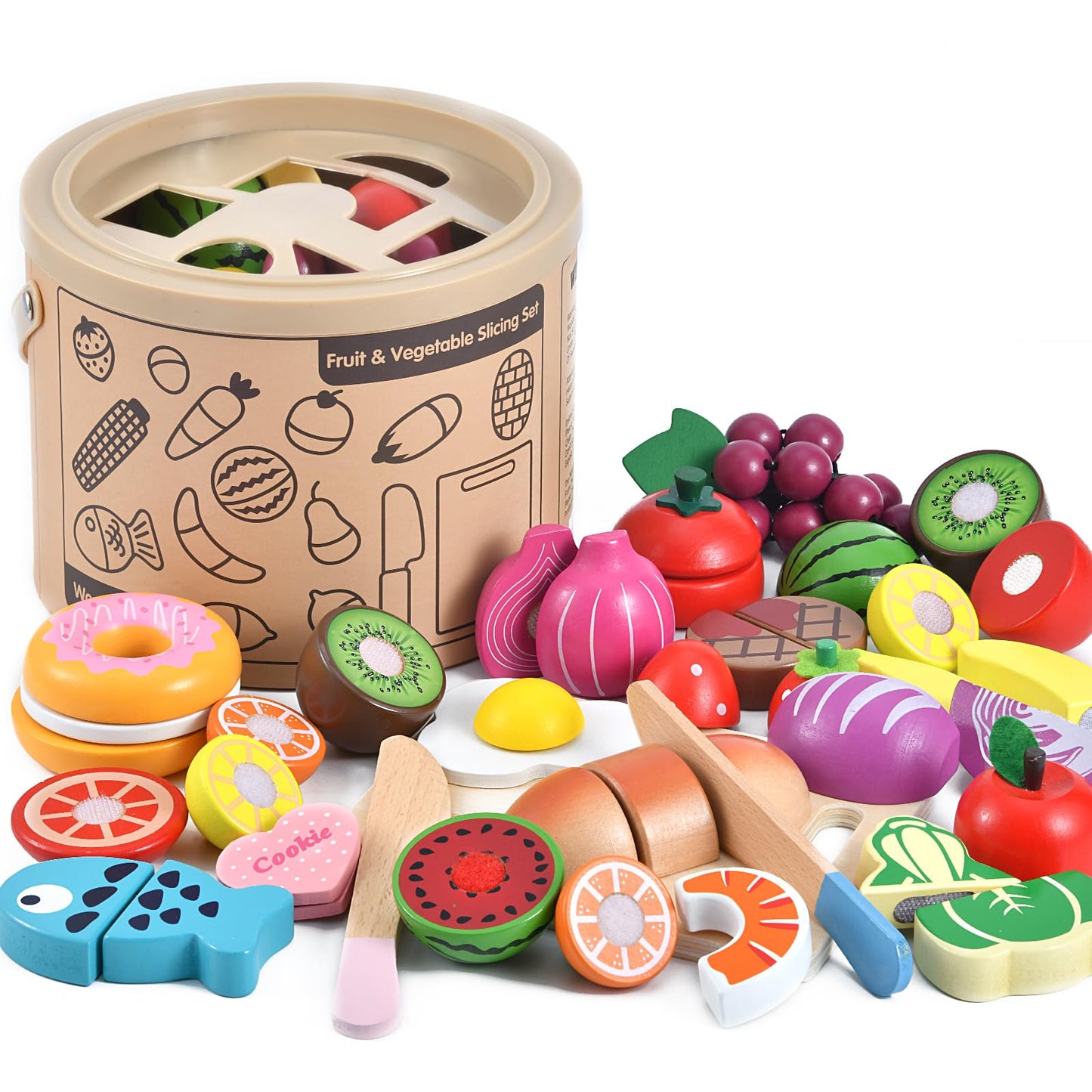 WHOHOLL 43 Pcs Wooden Play Food for Kids Play Kitchen Accessories Playset with Basket, Pretend Cutting Food Toys for 3 4 5 6 Year Old, Vegetables Fruits Toys Christmas Birthday Gifts for Girls Boys