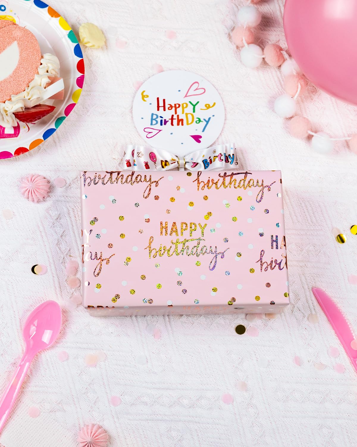 MAYPLUSS Birthday Wrapping Paper Roll, Pink Metallic Holographic Happy Birthday Wrapping Paper Featuring Revesible Stripe Gift Wrap Paper for Girls Boys Kids Men, 17 Inches x 33 Feet