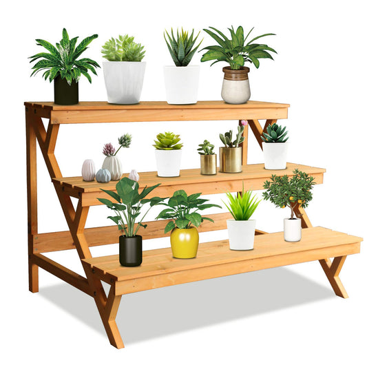 3 Tier Wood Plant Stand Indoor Outdoor, Ladder Large Multi Tiered Plant Holder, Wooden, Display Storage Shelf, 35.43"×23.62"×23.62", 3 Layered Step Plant Rack, Stair Plant Stand