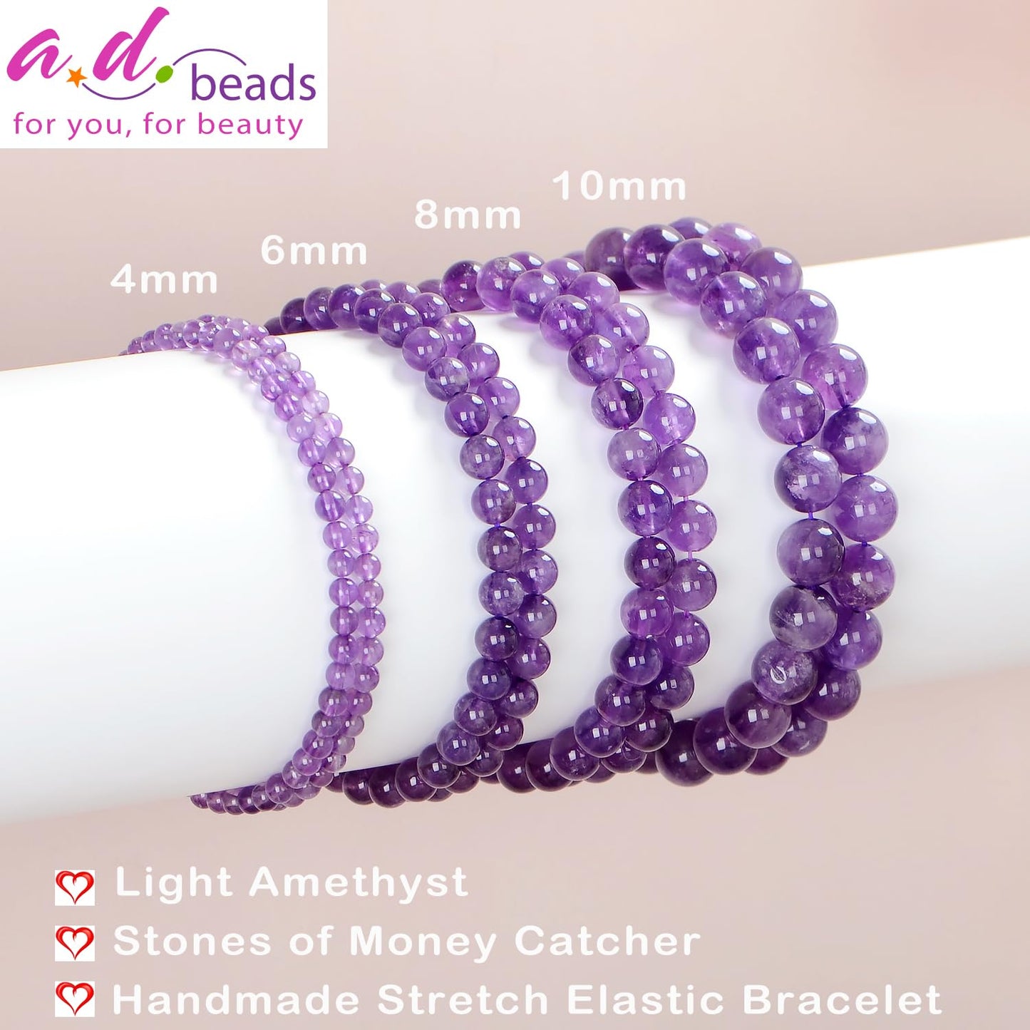 AD Beads Handmade Gemstone Stretch Elastic Bracelet Crystal Healing Reiki Nature's Beauty and Spiritual Essence Unisex (10mm, Purple Amethyst)