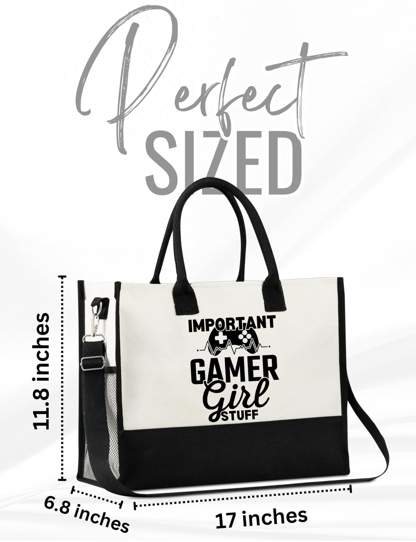 InnoBeta Gamer Gifts for Women & Gamer Girls, Canvas Tote Bag on Christmas or Birthday, Tote with Top Zipper Closure and Shoulder Strap