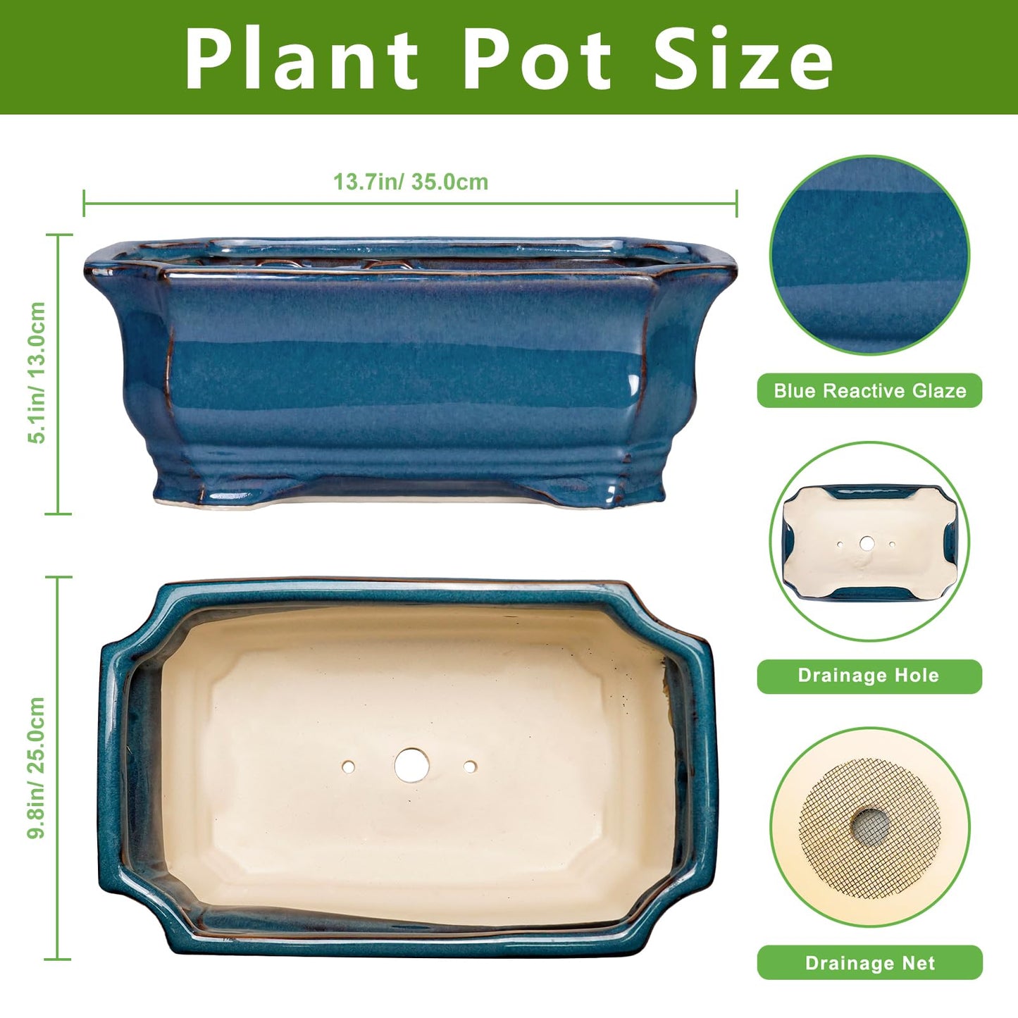 Teagas Bonsai Tree Pot - 13.7 Inch Large Ceramic Succulent Planter for Indoor Outdoor, Rectangle Plant Pot with Drainage Hole, Decorative Flower Pots, Home Decor, Gifts for Plant Lovers, Retro Blue