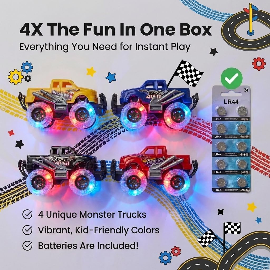 ArtCreativity Light Up Monster Trucks for Boys and Girls, 4-Pack Toy Truck Set, Monster Trucks for Boys 3 4 5 6 7 8 Years Old, Toddler Monster Truck Toys, Light Up Trucks