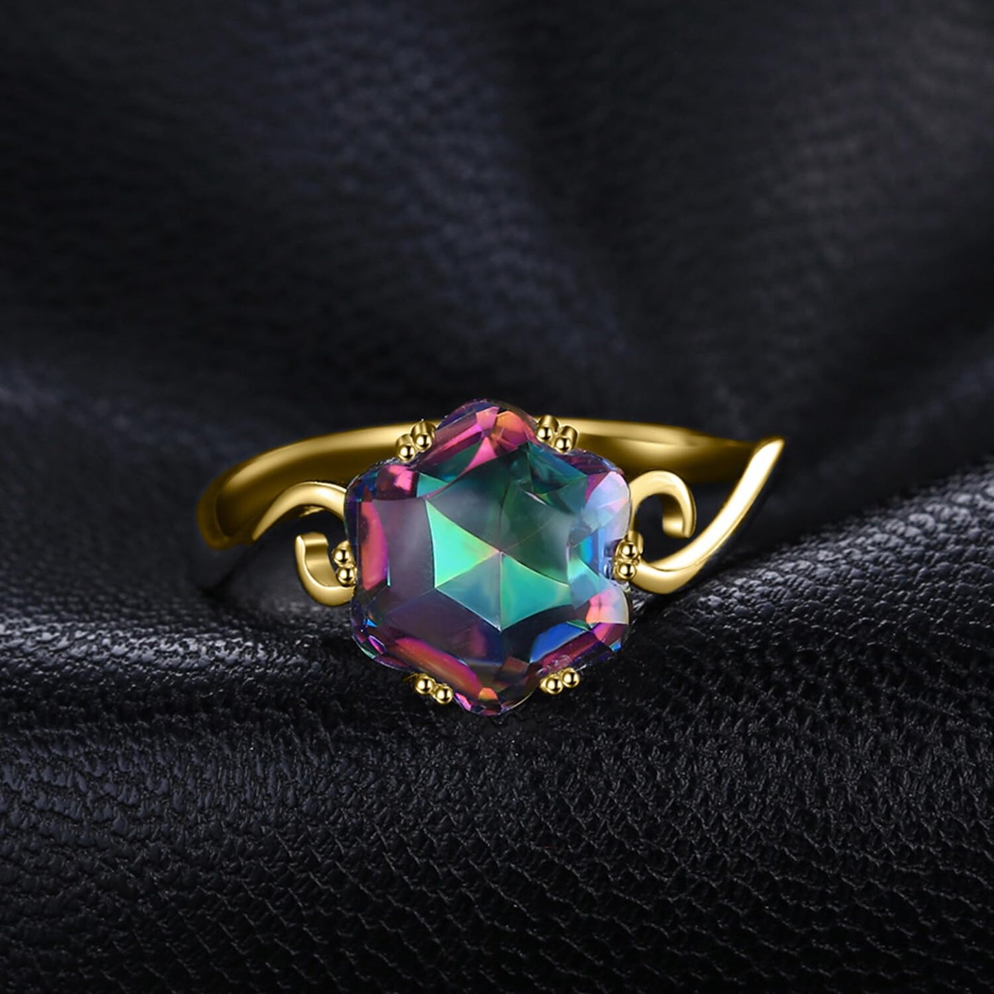 JewelryPalace Fancy Cut 5.7ct Multicolor Genuine Rainbow Quartz Cocktail Rings for Her, 14K Yellow Gold Plated 925 Sterling Silver Ring for Women, Natural Gemstone Jewelry Rings 6
