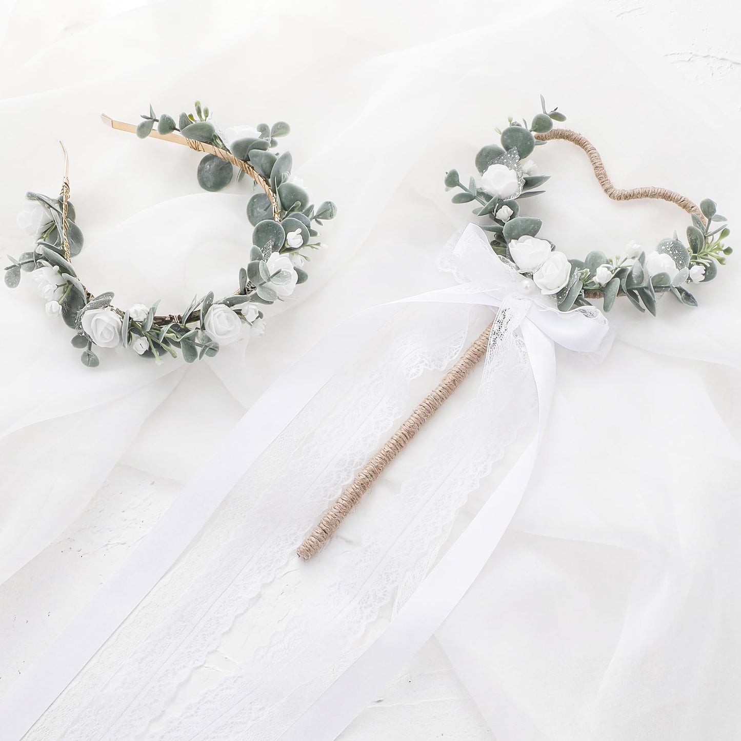 KorViSHOW White Flower Crown Headband, 2 PCS Artificial Rose Floral Headband with Boho Heart Floral Wand with Ribbon for Bride Fairy Woodland Wedding Vacation Birthday Party Hair Accessories