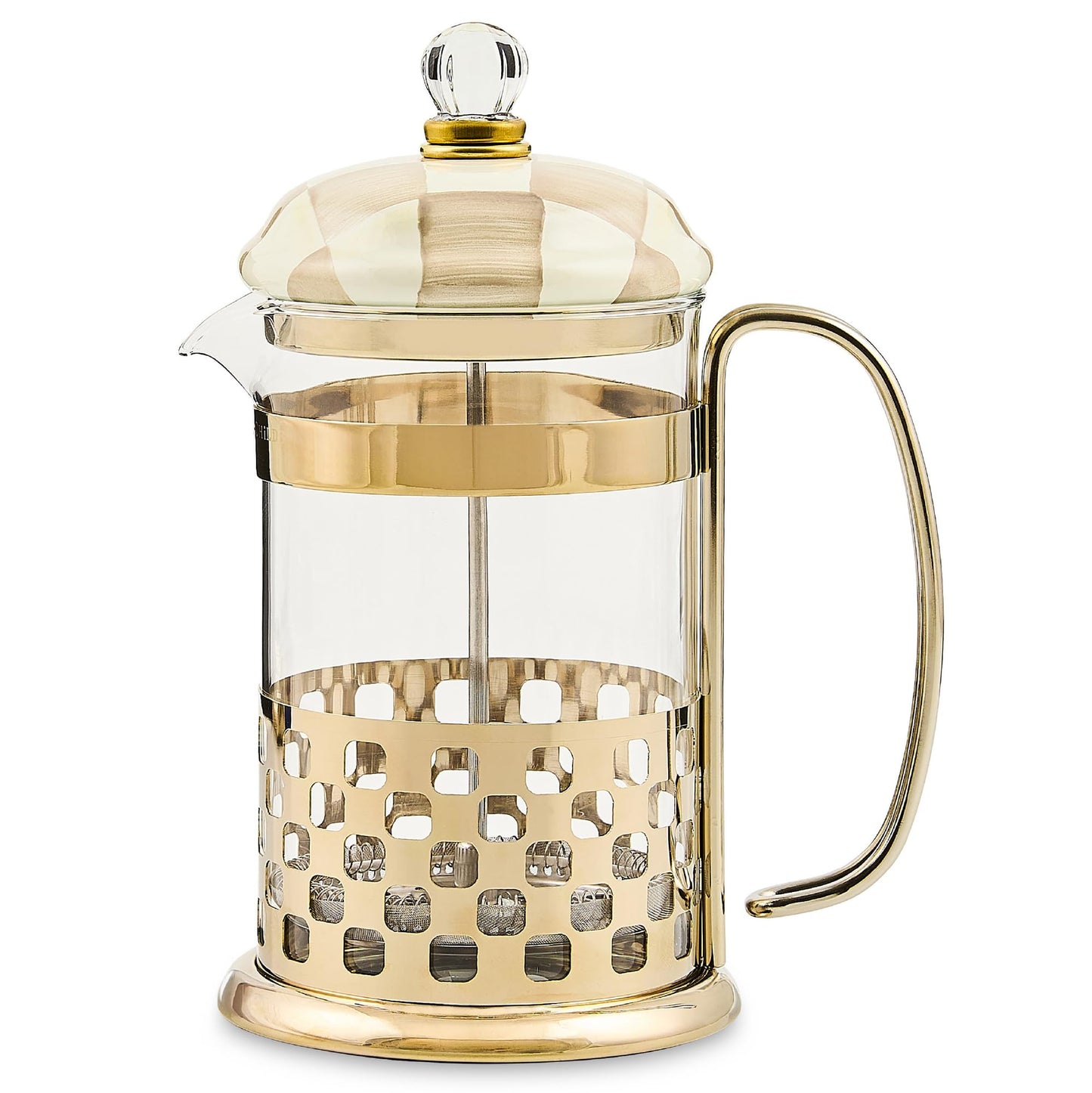 MACKENZIE-CHILDS Coffee French Press, Glass French-Press Coffee Maker, 32-Ounce Capacity, Brown-and-White Mocha Check