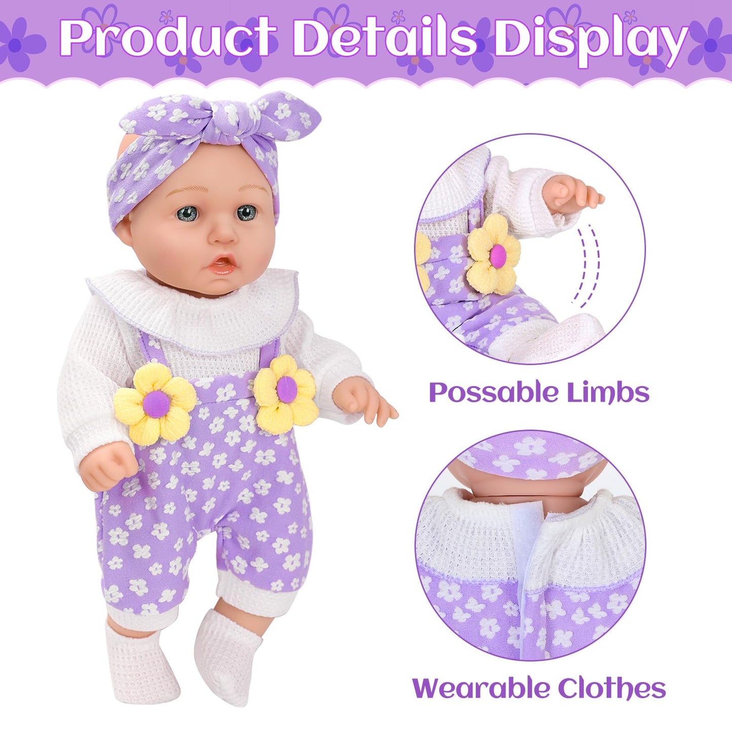 12" Flower Pattern Baby Doll With Backpack Carrier Can Store Clothes and Accessories,12 Inch Baby Dolls Set In Gift Box With Hanky Pacifier Bottle Pretend Baby Care Toy For Girl Child Toddler 3+ Gifts