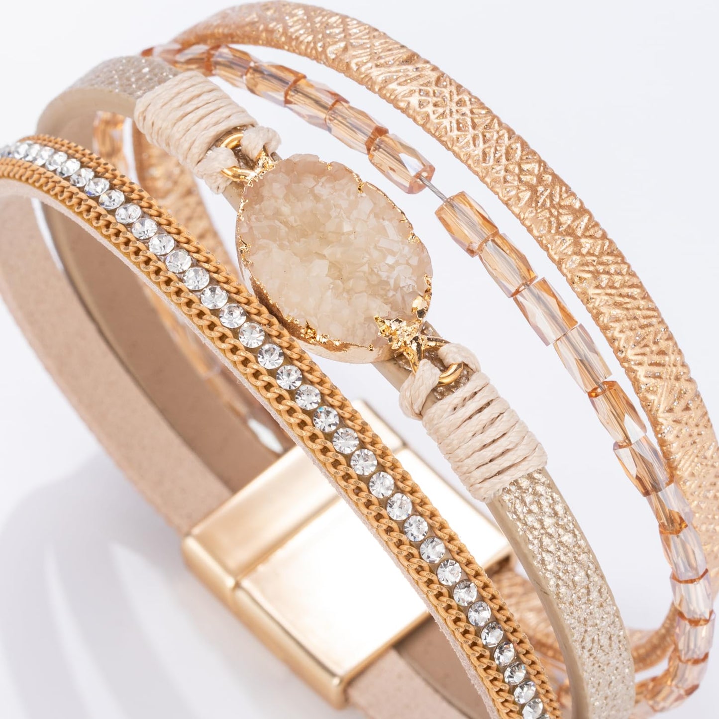 FANCY SHINY Boho Leather Wrap Bracelet Stackable Chunky Crystal Cuff Bracelets with Magnetic Clasp Cowboy Cowgirl Western Summer Beach Outfits Jewelry Gifts for Women (7.7", Gold)