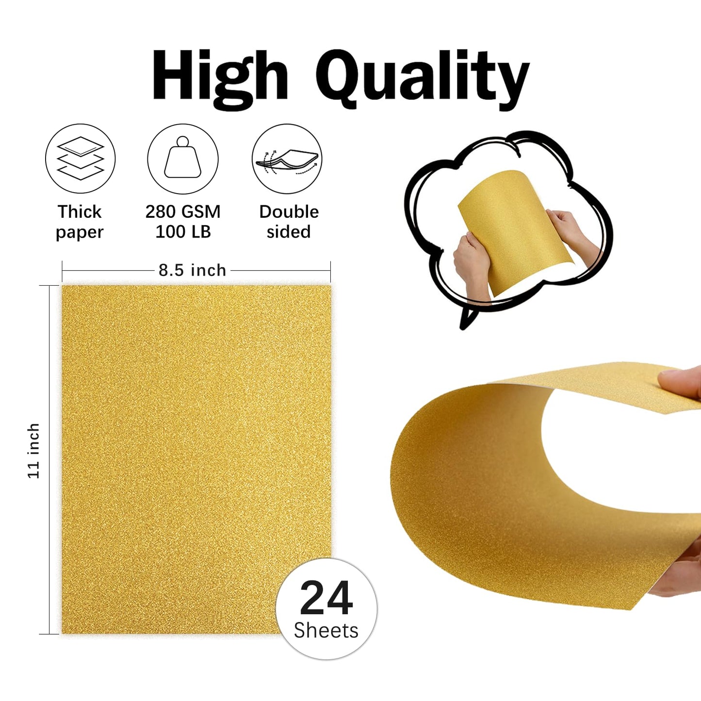 Double-Sided Gold Glitter Cardstock 8.5 x 11 24 Sheets, Goefun 100lb No-Shed Shimmer Glitter Paper for Wedding Parties, Invitations, Birthday, DIY Craft Projects, Anniversary