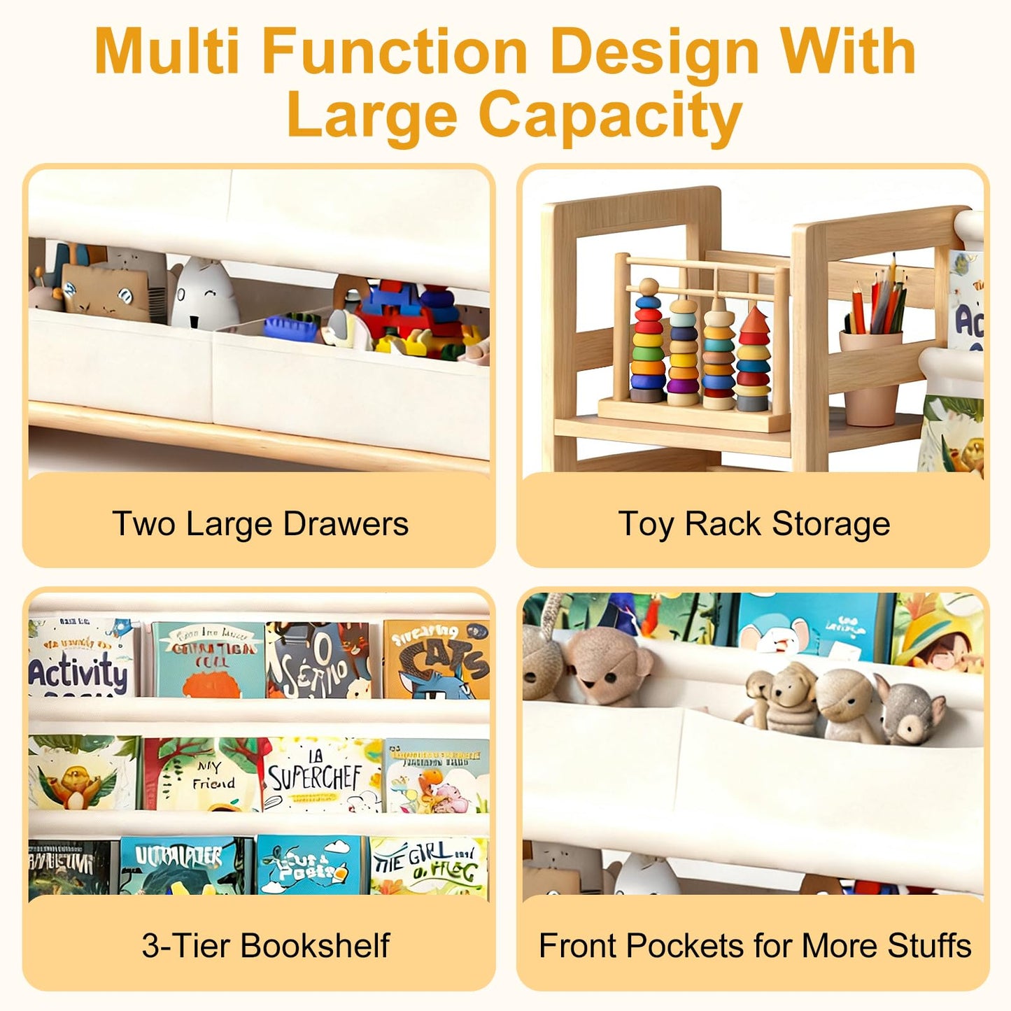 CACEJO Kid Bookshelf and Toy Storage Organizer - White 3 Tier Wooden Kids Book Shelf for Kids Rooms, Toddler Bookshelf Baby Bookcase for Nursery Class Room, Play Room- Cream White