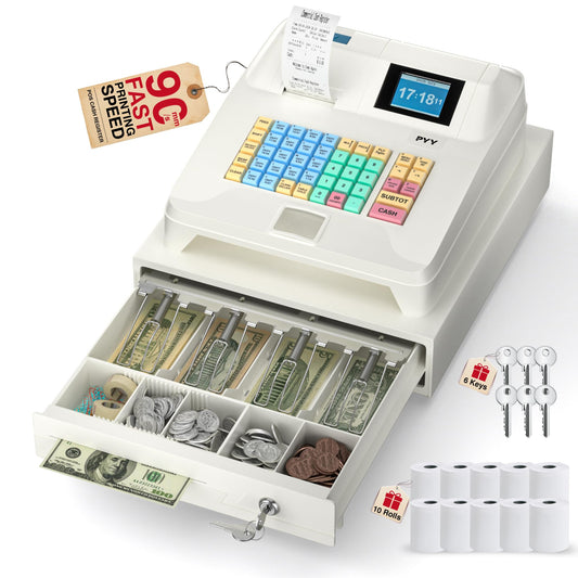 PYY Cash Register for Small Businesses - Commercial Electronic Caja Registradora para Negocio with Lock Cash Drawer Box, 8 Digital Dual Display, 48 Keys, System for Restaurant Supermarket White