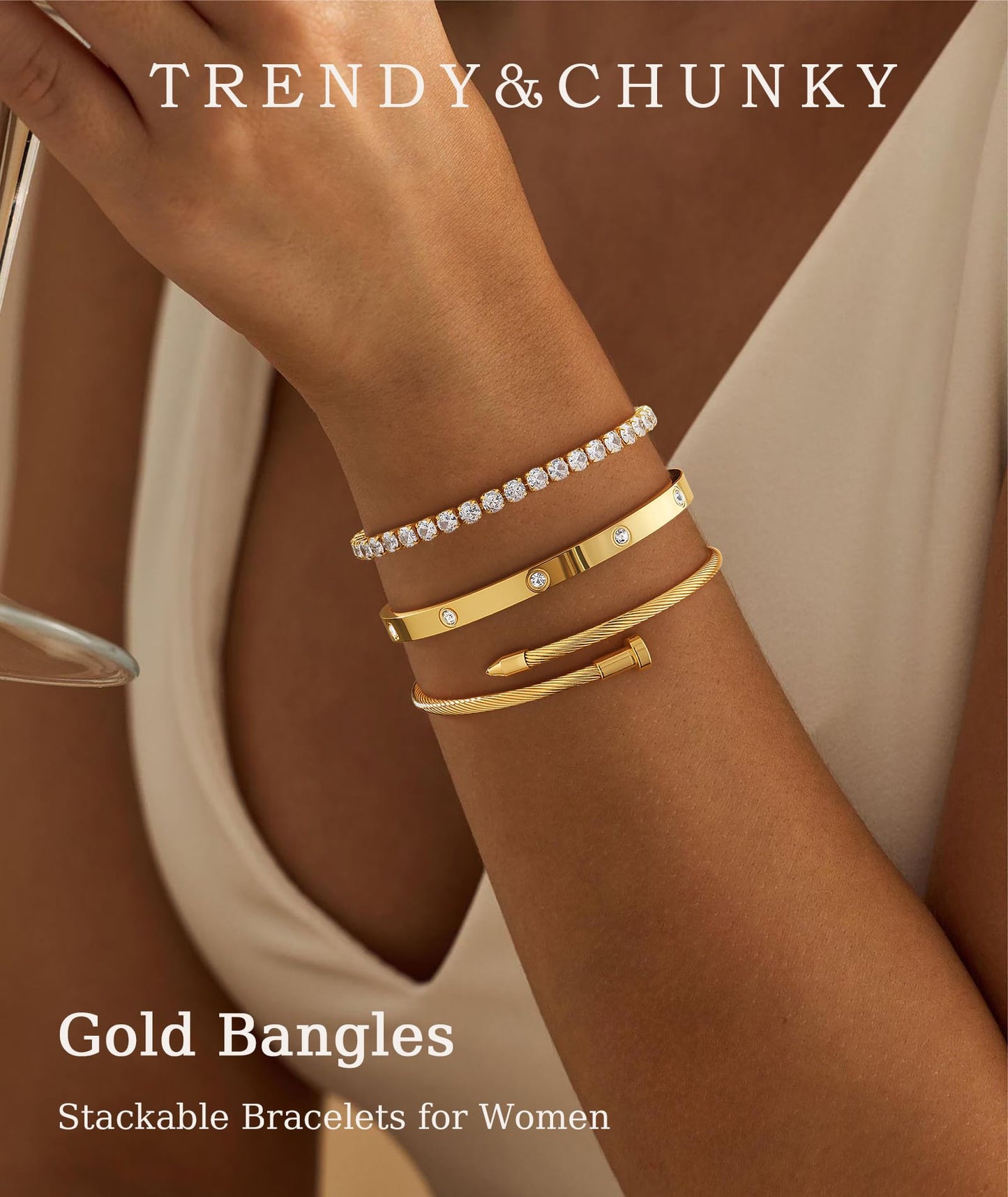 ZOERAY Silver Gold Bangle Bracelets for Women Non Tarnish 14k Gold Plated Stackable Cuff Bracelets for Women Trendy Cubic Zirconia Stainless Steel Chunky Bracelet Stack Set Waterproof Jewelry Gifts