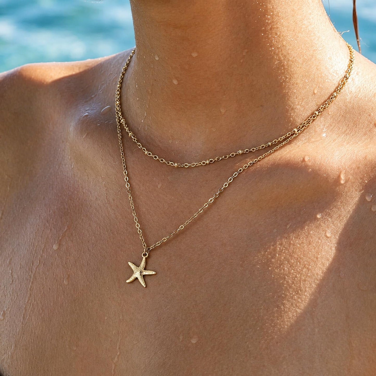 Starfish Necklace Beach Summer Layered Necklaces for Women Non Tarnish Waterproof 14K Gold Plated Necklace Stack Dainty Choker Beaded Chain Cute Star fish Pendant Ocean Charm Trendy Summer Beach Vacation Jewelry Gift (2pcs-Starfish Necklace)