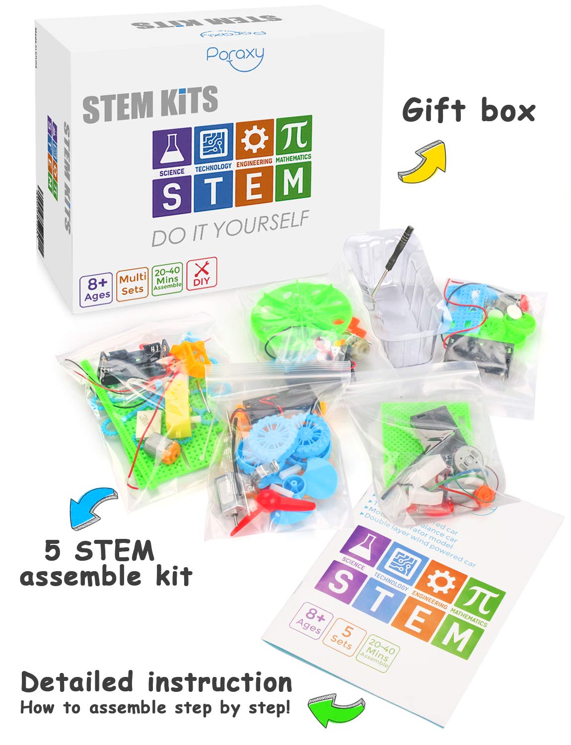 Poraxy 5 Set STEM Science Kits for Kids Ages 8-12, Robotics Model Car, Toys for Ages 8-13, Building Engineering Experiment Projects, Birthday Gifts for Boys Girls 6 7 8 9 10 11 12 13 Year Old