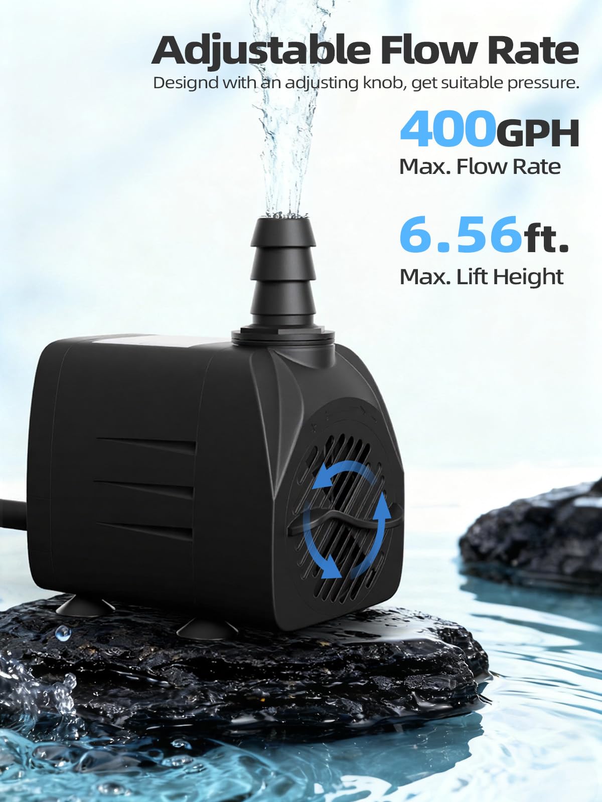 400GPH Submersible Water Pump(1500L/H, 25W), Ultra Quiet Water Fountain Pump with 6.56ft High Lift & 6.5ft Hose, 3 Nozzles for Pond Waterfall, Fish Tank, Aquarium, Hydroponics