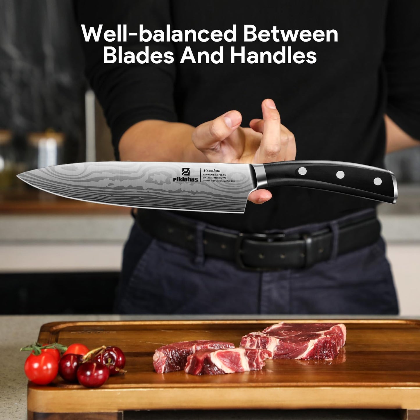 Piklohas Knife Sets for Kitchen with Block, 17 Pieces with Magnetic Knife Holder, German High Carbon Stainless Steel Damascus Pattern Chef Knife Set