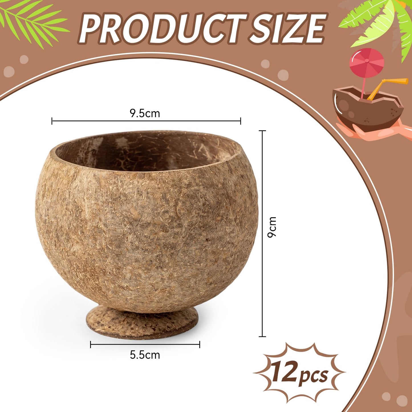Hushee 12 Pcs Natural Coconut Shell Cups for Party Real Coconut Bowls for Hawaiian Luau Party Supplies, Tropical Tiki Decorations & Candy Buffet Favor Holders