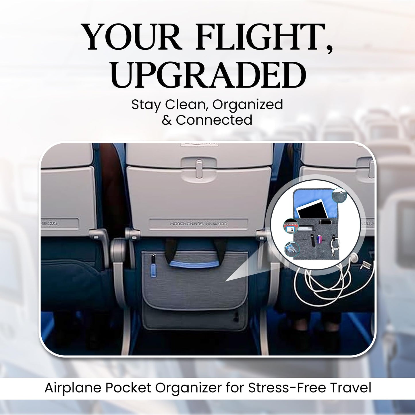 SO~MINE Airplane Pocket Organizer | Tray Table Cover | In Flight Seat Back Organizer Bag | Commuter Essential Travel Bag | Media Pouch For Flying | Travel Gift | Attaches To Luggage | Charcoal/Cobalt