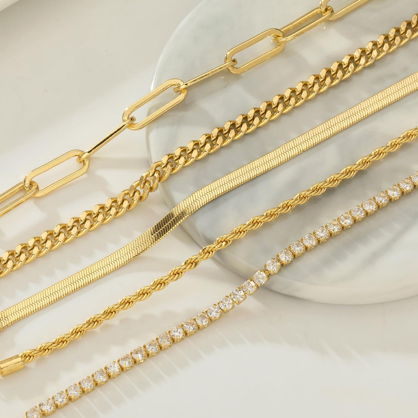 Gold Bracelets for Women 14K Gold Plated Stack Trend Bracelets Charm Paperclip Chain Cuban Link Layered Waterproof Bracelet Dainty Bracelet for Women Jewelry Gifts (5Pcs Gold)