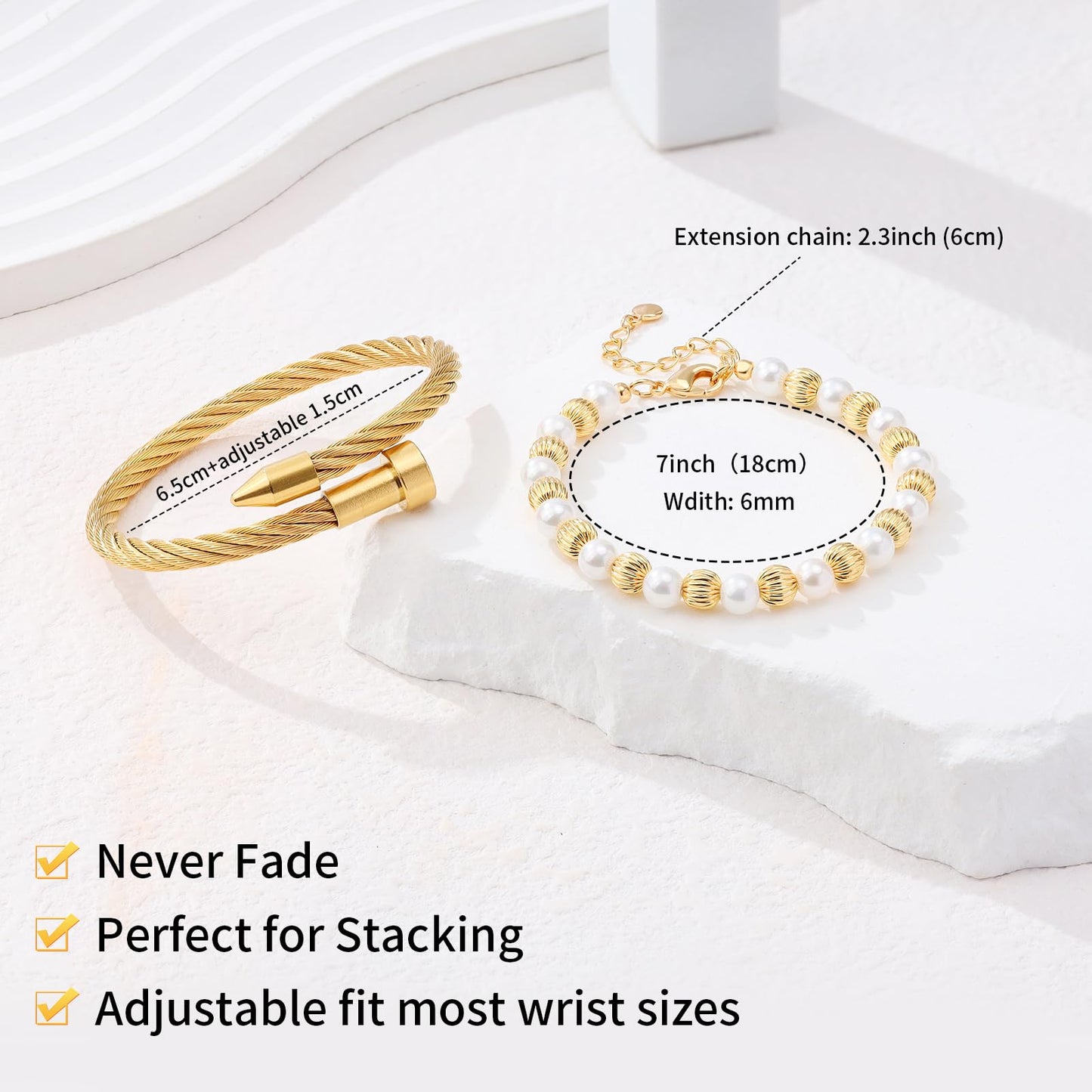 LCTrusttmor Gahna 18K Gold Plated Bangle Bracelet for Women, Non-Tarnish Stackable Nail Bracelets Set With Beaded, Dainty Adjustable Cubic Zirconia Snake Chain With Pearl Crystal Beaded, Trendy Jewelry Mother's Day Birthday Gifts for Lover Mom Her