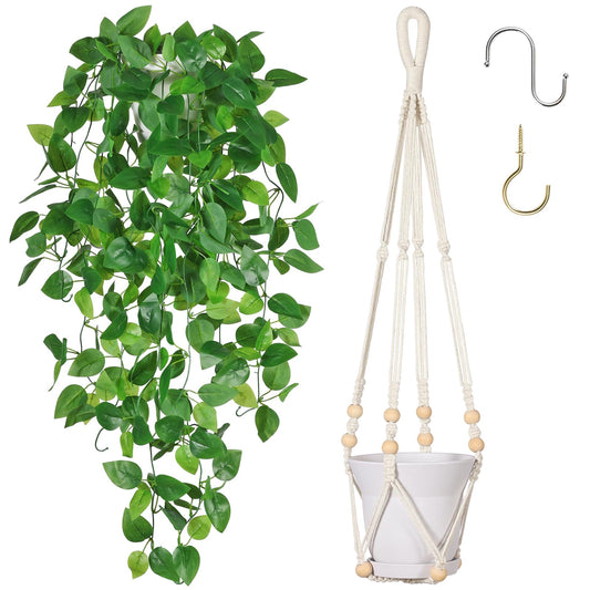 KTGOW Artificial Hanging Plants with Boho Macrame Plant Hanger - Fake Ivy Vines in Pot for Wall, Bedroom Home Faux Greenery for Indoor Outdoor Decor (1 Pack)