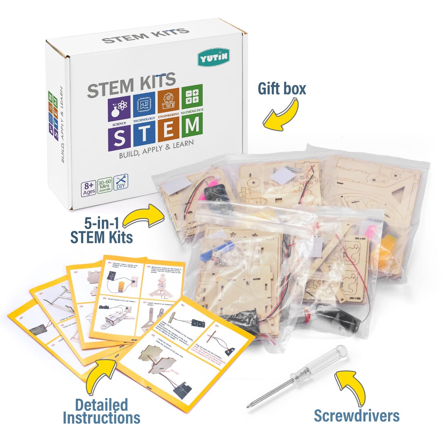 Yutin 5 Individual STEM Science Kits for Kids, Wood Arts and Craft Kits, STEM Toys for Boys Girls Age 8-12 8 10 12 13 14 Gift Idea, 3D Puzzles Building Engineering Model Set