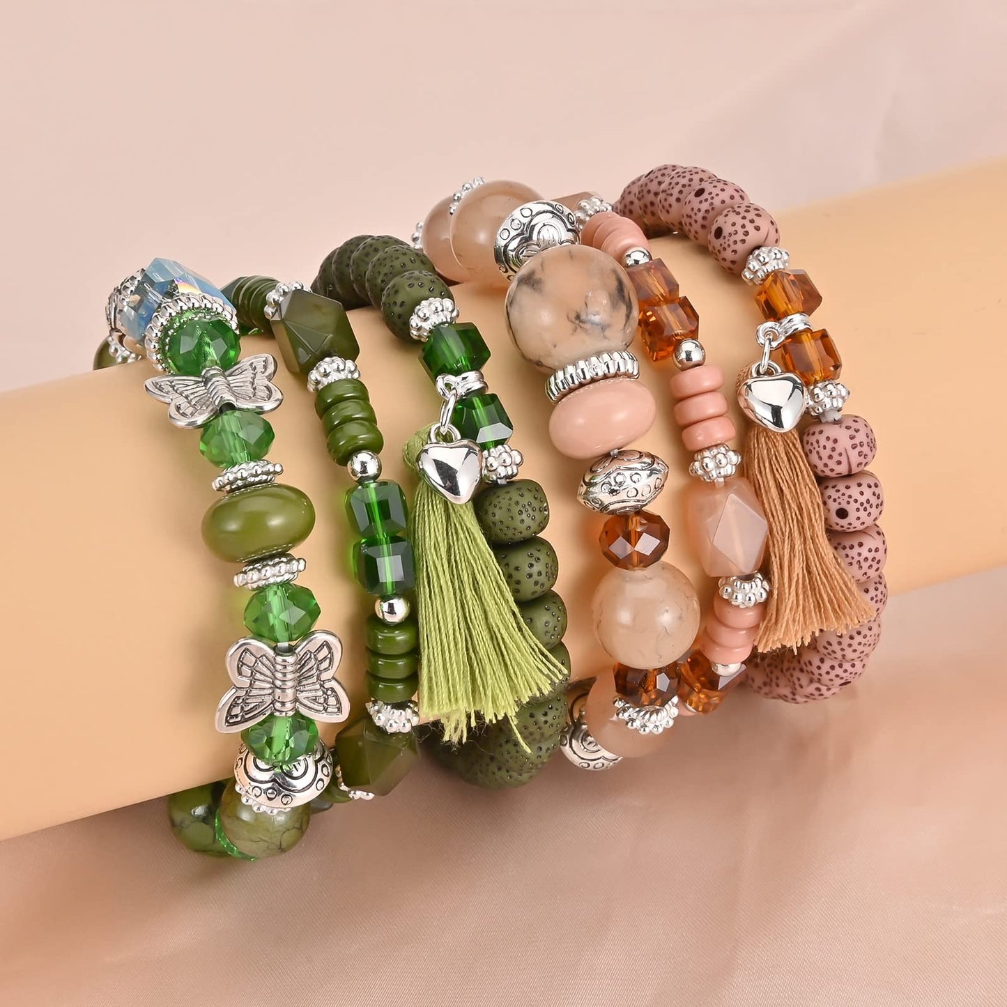 Bohemian Bracelet Sets for Women - 6 Sets Stackable Stretch Bracelets Multi-color Boho Jewelry for Women Hippie Bracelets Dainty Jewelry Best Friend Gift (Butterfly Stretch Bracelets Set)