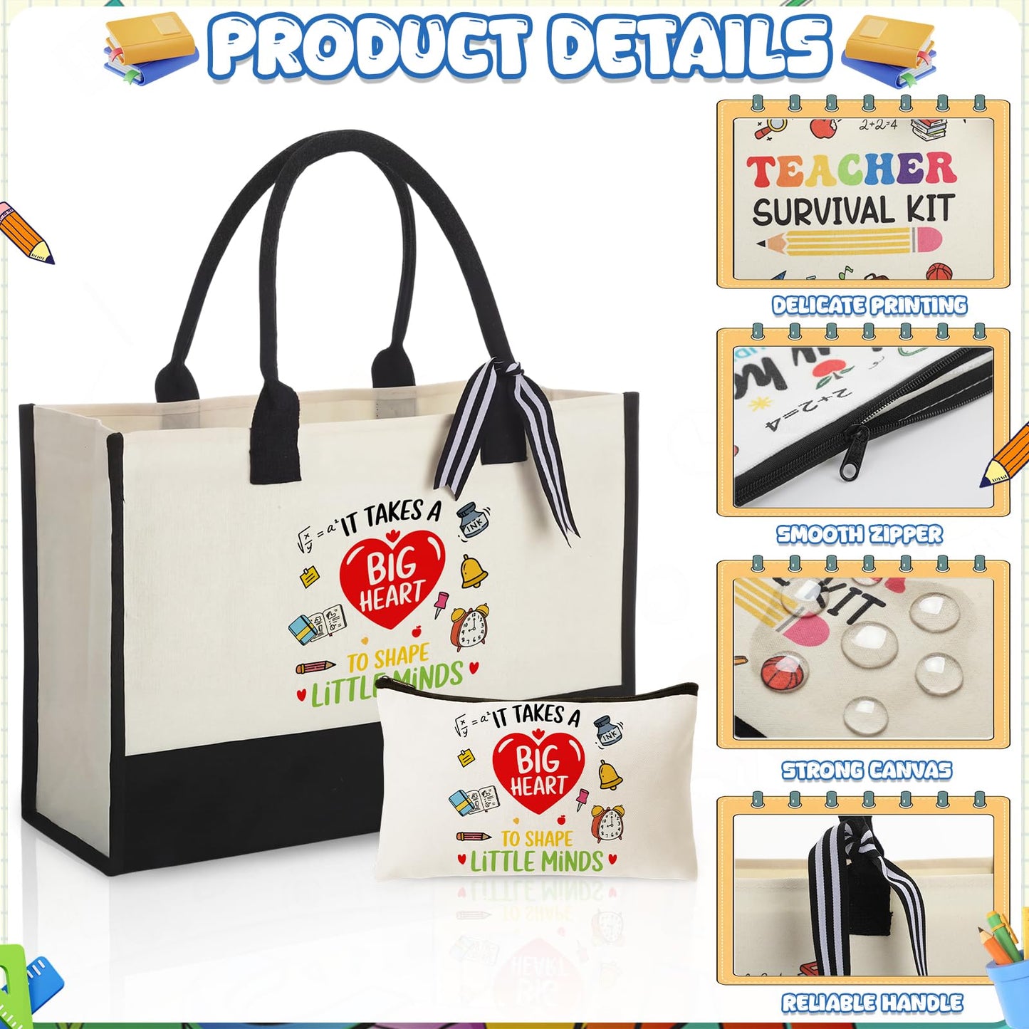Capoda Teacher Appreciation Gifts for Women Bulk - 4 Set Large Canvas Teachers' Tote Bags with Makeup Bags Pouch Rainbow Inspirational Quotes, Thank You End of Year Daycare Teacher Staff Gifts Set