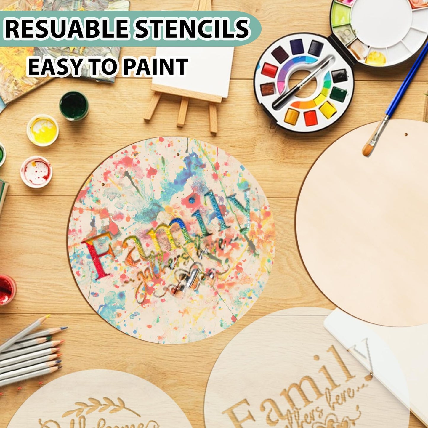 12 Inch Wood Circles for Crafts, 10Pcs Unfinished Wood Rounds with 4 Stencils & Painting, DIY Wooden Crafts for Door Hanger, Sign, Wood Burning, Painting, Gifts for Father's Day Home Decor