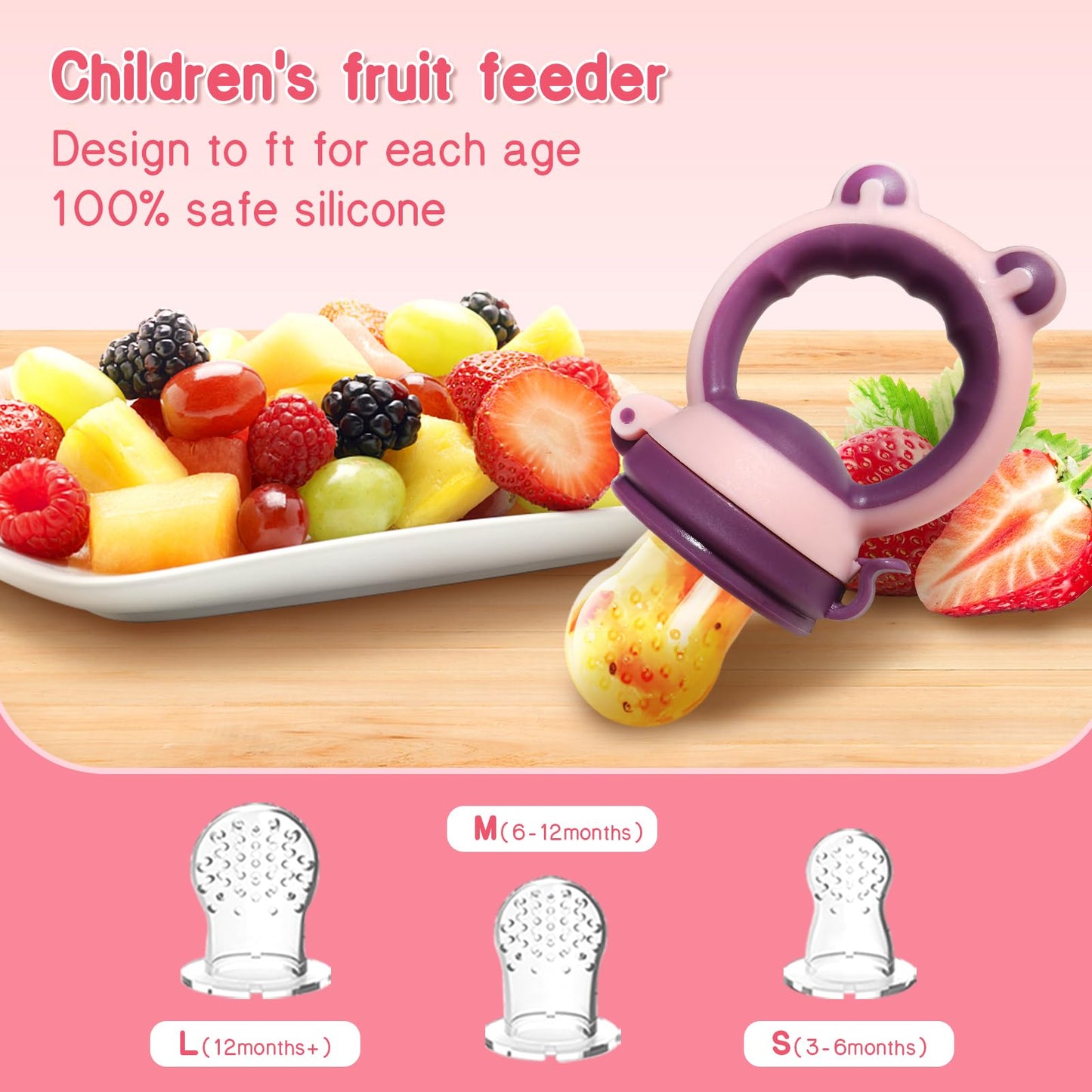 HAOBAOBEI Baby Fruit Food Feeder Pacifier - Fresh Food Feeder, Infant Fruit Teething Teether Toy for 3-24 Months, 3 Pcs Silicone Pouches for Toddlers & Kids & Babies, 2-Pack (Purple Pink)